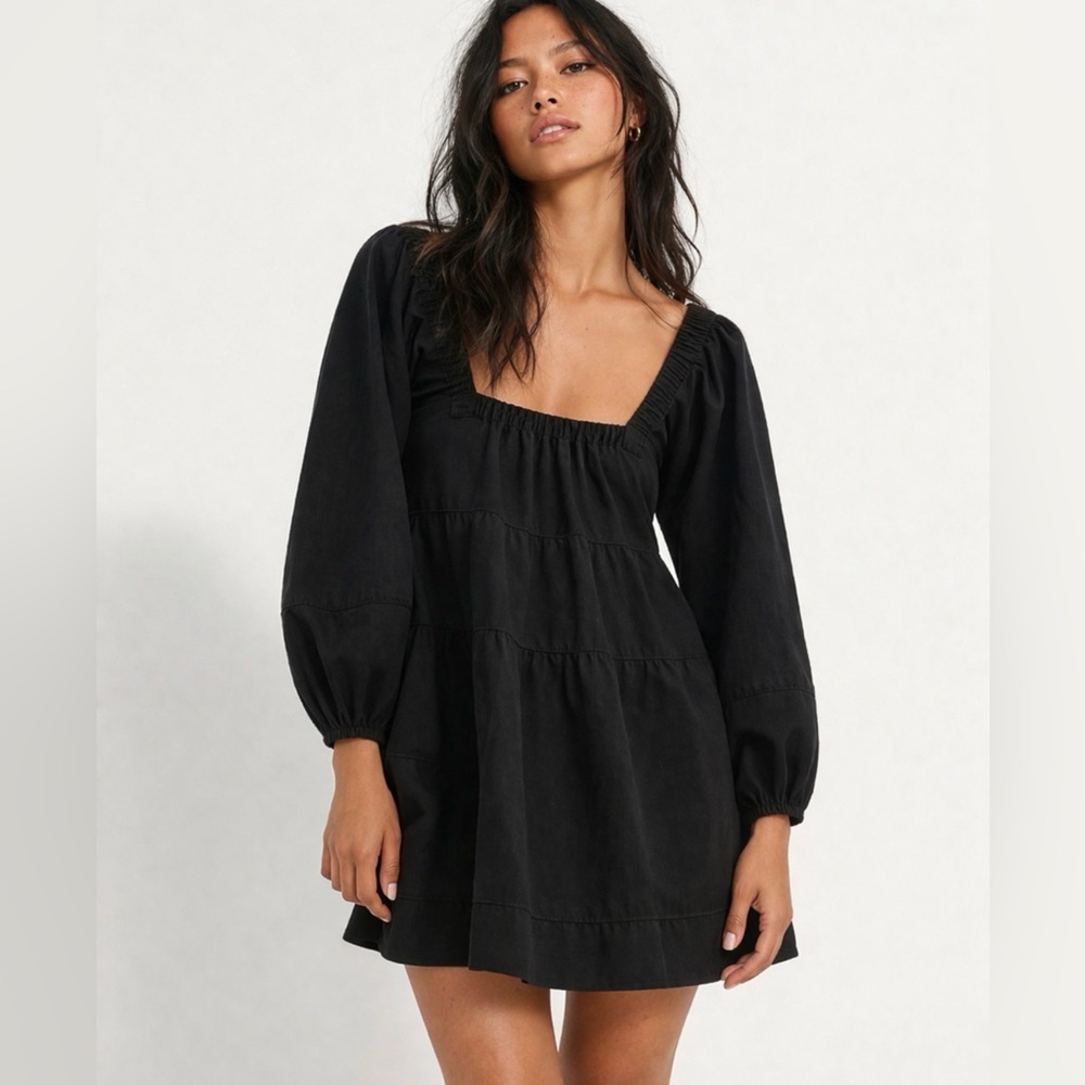 Free People Lou Jean Babydoll Dress Size MD Washed Black Denim 100% Cotton EUC